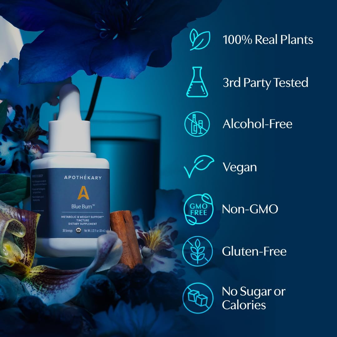Apothékary Blue Burn Herbal Supplement Liquid Drops, Metabolism and Weight Management Support, 1 Fl Oz, 30 Servings