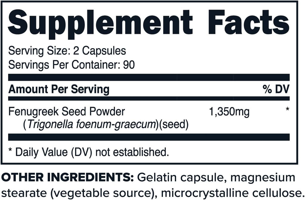 Primaforce Fenugreek Seed Capsules (180 Capsules / 1350mg Per Serving, 2 Capsule Servings) - Premium Herbal Supplement for Men and Women, Non-GMO, Gluten Free Supplement