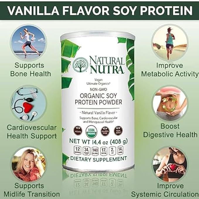 Natural Nutra Organic Vegan Plant Based Soy Protein Source Powder, Support Midlife Transition, Supports Bone and Improves Cardiovascular Health, Gluten Free, Non GMO, Sugar-Free 14.4 OZ.