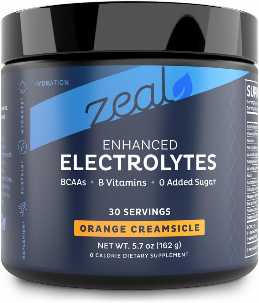 Zeal Electrolyte Powder Recovery Drink (30 Servings | Orange Creamsicle) w 0 Sugar +BCAAs +B-Vitamins Electrolyte Supplement w Potassium Zinc & Magnesium for Hydration - Keto Electrolytes
