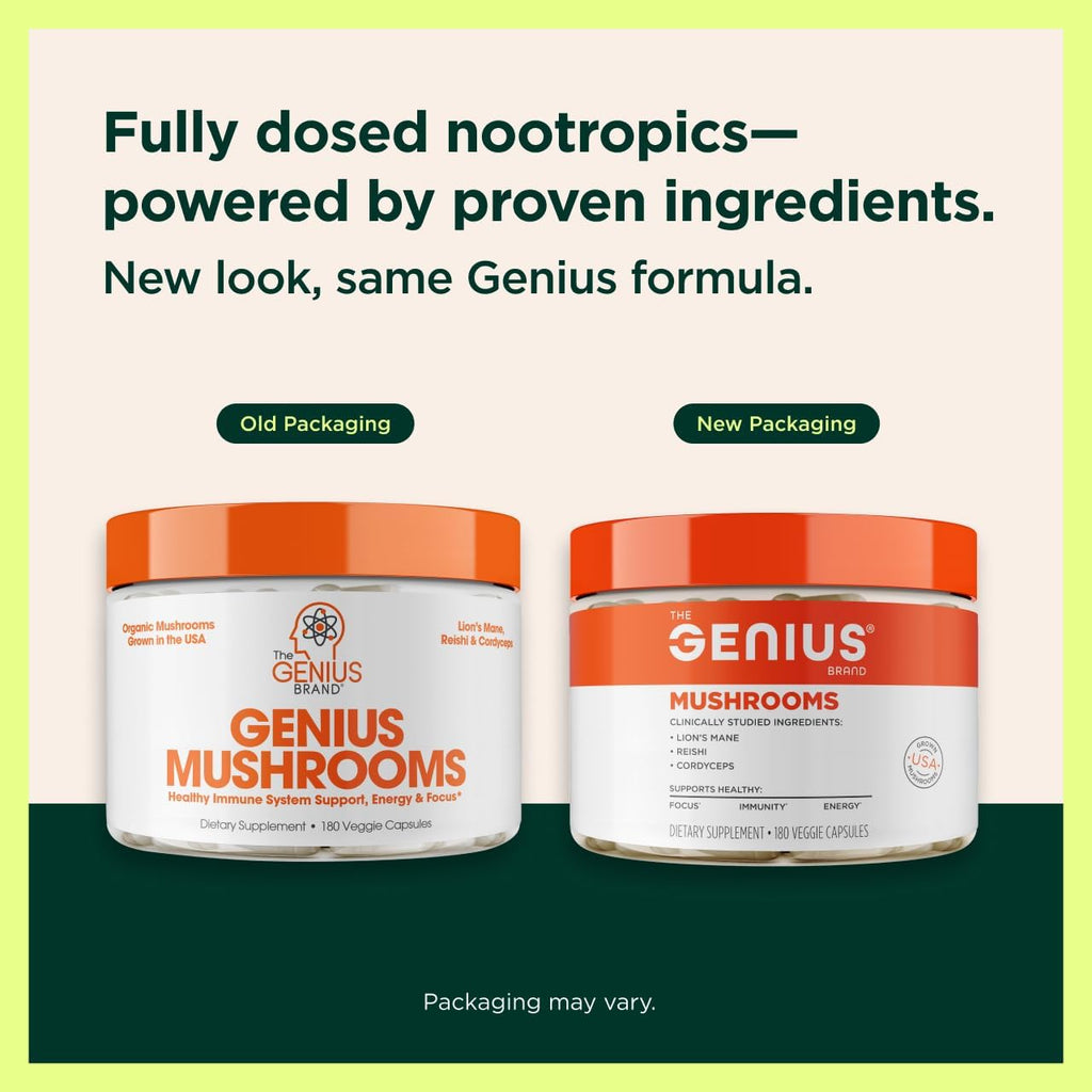 Genius Mushroom Supplement - Full-Spectrum Lion’s Mane, Cordyceps, Reishi -Daily Brain Nootropic for Energy, Focus, Memory & Overall Wellness - 180 Capsules – Organic for Mental Clarity & Performance
