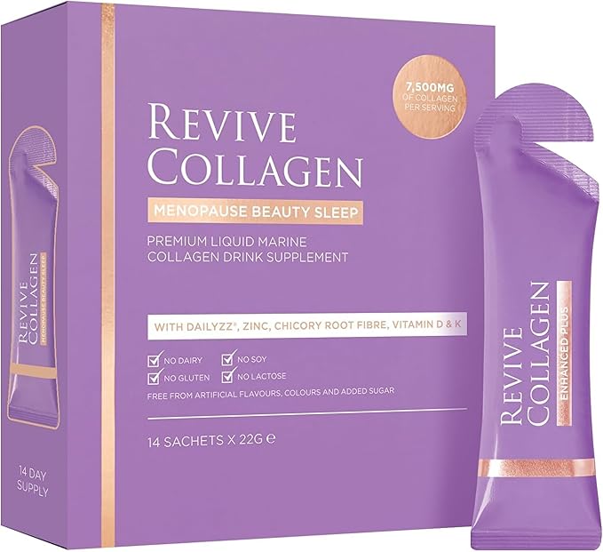 Revive Collagen Menopause Beauty Sleep — Hydrolyzed Marine Collagen Drink for Women, 7,500MG, Zinc, Chicory Root Fiber, Vitamin D & K, Supports Sleep Quality, Apple & Blackcurrant Flavour — 14 Sachets