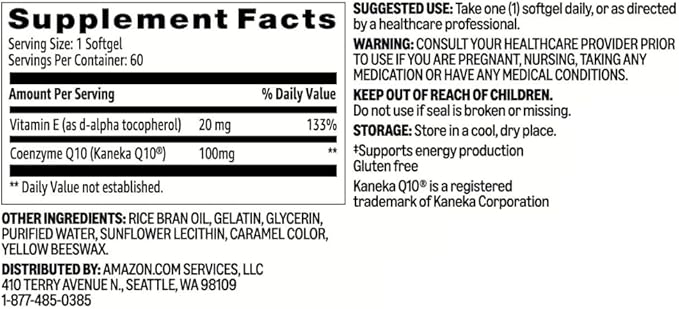 Amazon Basics Rapid-Release CoQ10 Heart Health Softgels, 100 mg 60 Count