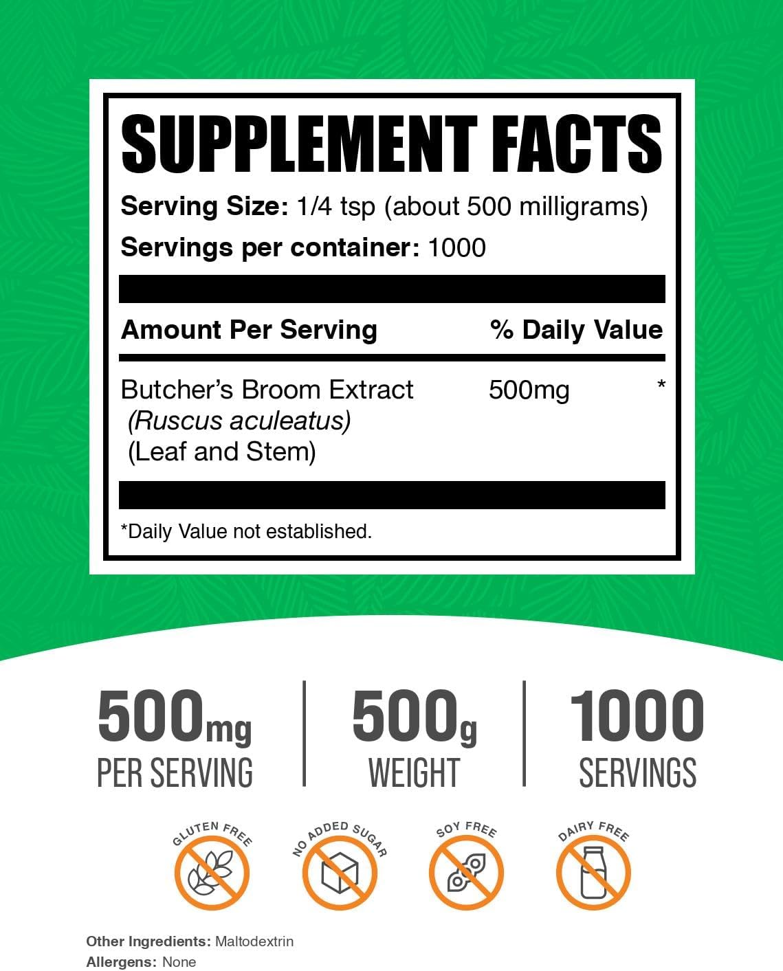BulkSupplements.com Butcher's Broom Extract Powder - Butchers Broom, Herbal Supplement - Vegan & Gluten Free, 500mg per Serving, 500g (1.1 lbs) (Pack of 1)