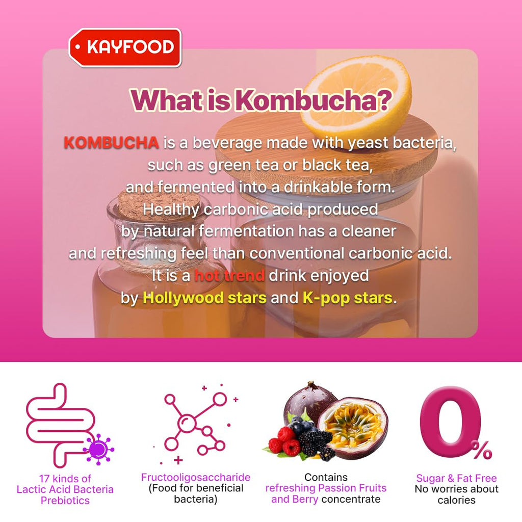 KAYFOOD-Kombucha-Peach-Garden-Daily Zero Sugar, Diet, Gut Healthy Sparkling Beverage, Fermented Korean Drinks for Iced, Hot, Workout Tea (10ST) (10ST, Passion Fruit&berry)