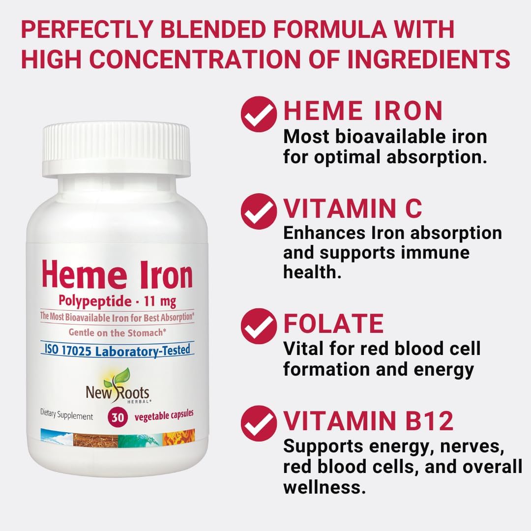 NEW ROOTS HERBAL Heme Iron Supplement with Vitamin C & B12 for Best Absorption | Iron Deficiency Support | Hemoglobin Supplements Designed by Naturopathic Doctors | Low-FODMAP (30 Capsules)