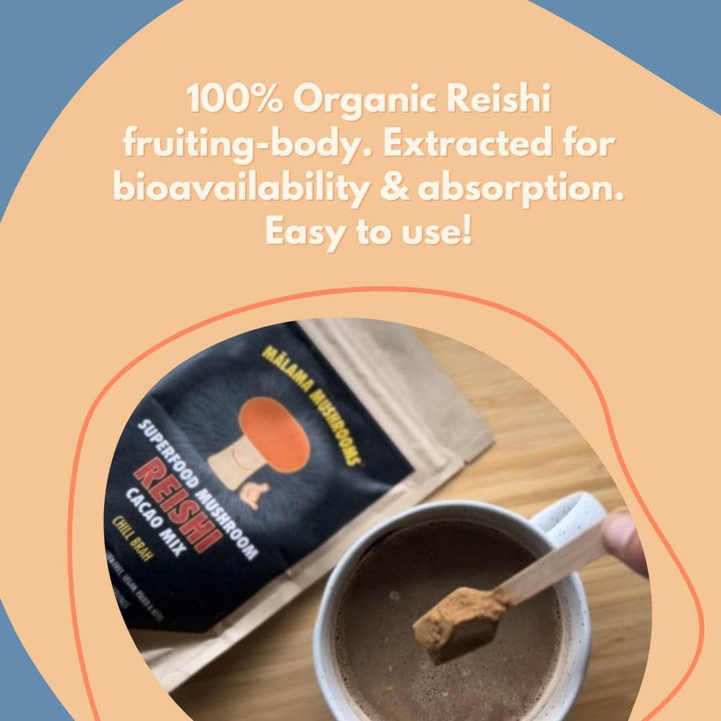 Malama Organic Mushroom Hot Cacao Mix, Reishi Mushroom Powder with Fair Trade Cacao for Immune Support & Relaxation – Vegan Supplement & Superfood, Non GMO, 3.5 oz (50 Servings)