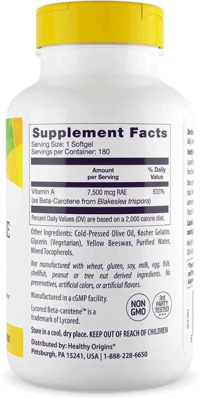 Healthy Origins Beta-Carotene 25,000 IU (7,500 mcg), Provitamin A Supplement for Antioxidant, Eye & Immune Support, 180 Softgels (6 Month Supply), Non-GMO & Gluten-Free