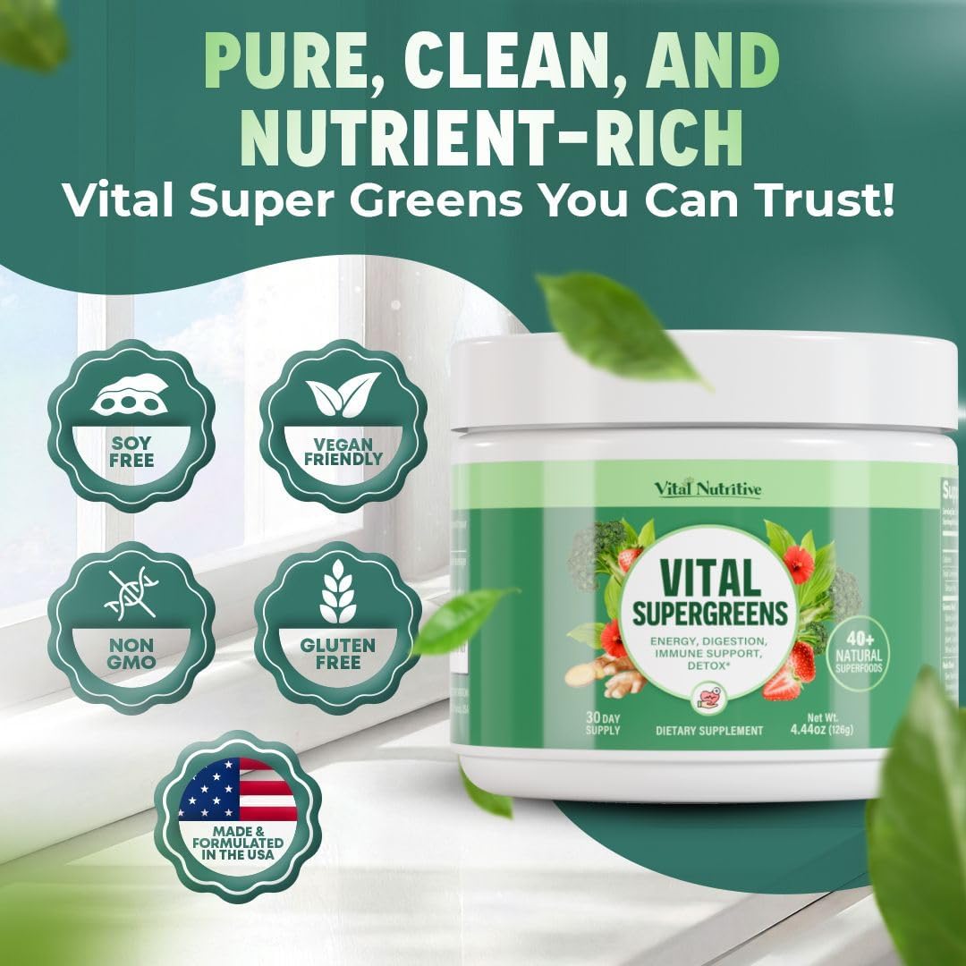 Vital Greens Superfood Powder – New Formula with 40+ Superfoods Daily Green Drink Powder w/Probiotics – Supergreens for Energy, Gut Health, Digestion Support, Plant-Based, Vegan Superfoods