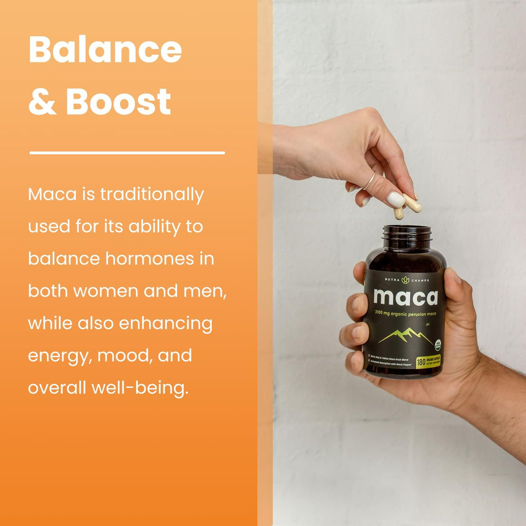 NutraChamps USDA Organic Maca Root Capsules for Women & Men, 2100mg, 180 Capsules, Black, Red & Yellow Peruvian Gelatinized, Highest Potency Maca Root Powder Supplement