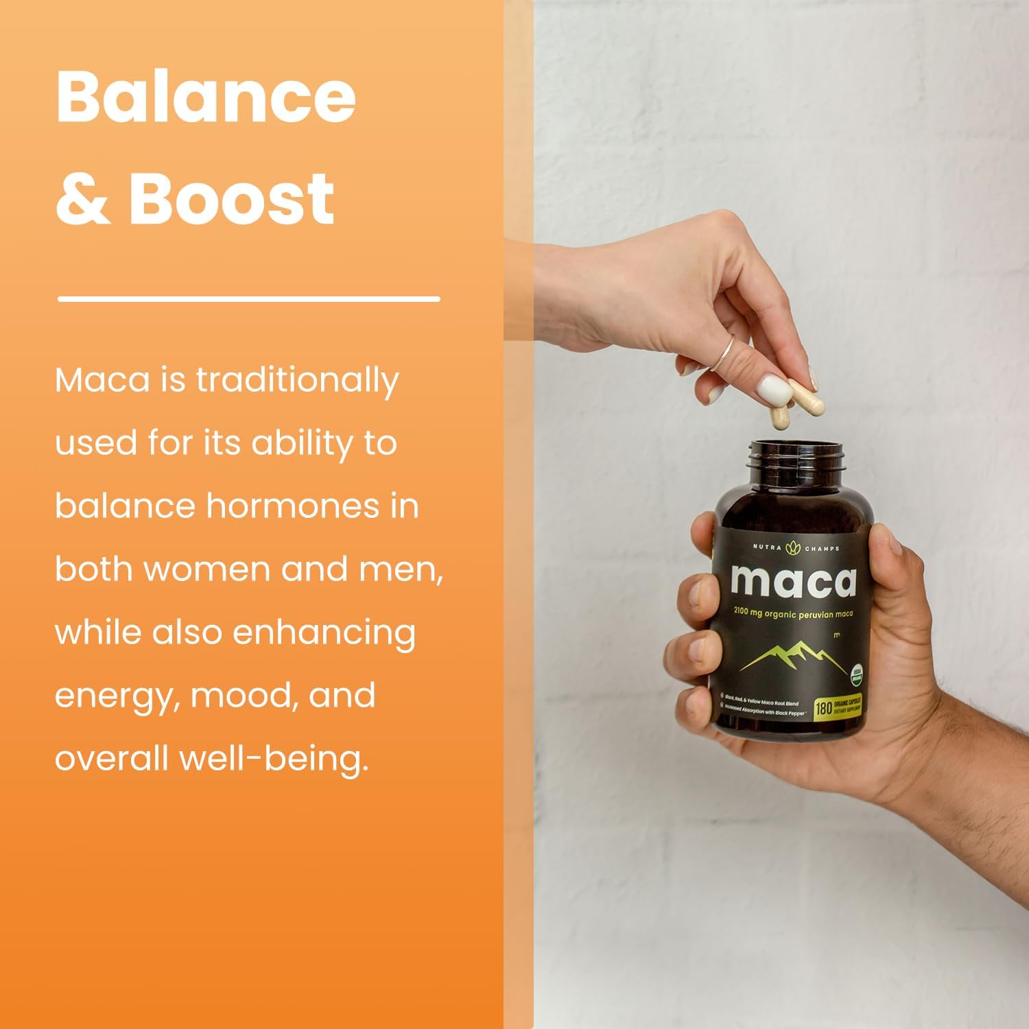NutraChamps USDA Organic Maca Root Capsules for Women & Men, 2100mg, 180 Capsules, Black, Red & Yellow Peruvian Gelatinized, Highest Potency Maca Root Powder Supplement