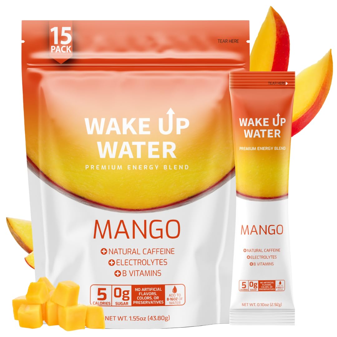 Wake Up Water - Energy + Hydration Sugar Free 15 Packs, Mango Flavor - Energy Drink Powder, Electrolytes Powder Drink, Natural Caffeine Mix Packet, B Vitamins, 5 Calories, Gluten Free - .10 oz (2.9g)