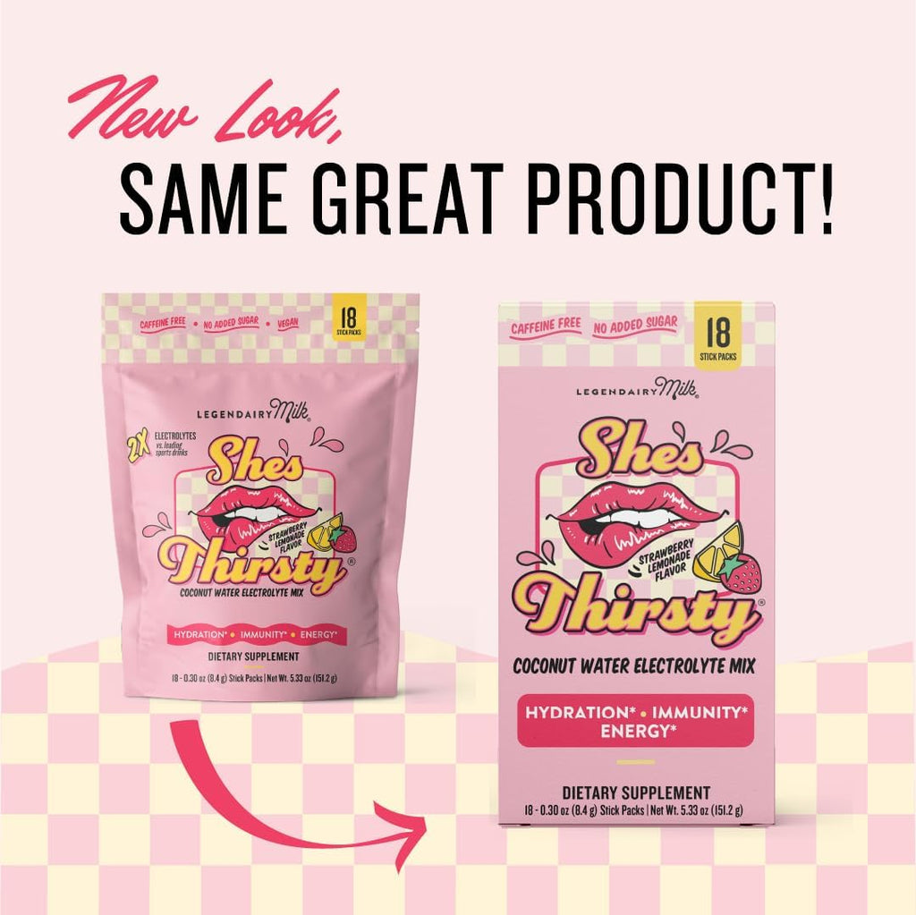 Legendairy Milk She’s Thirsty – Strawberry Lemonade, Hydration Packets | Cortisol Supplement for Stress Relief & Adrenal Support | Coconut Water Electrolytes Powder, No Sugar Added 18 ct