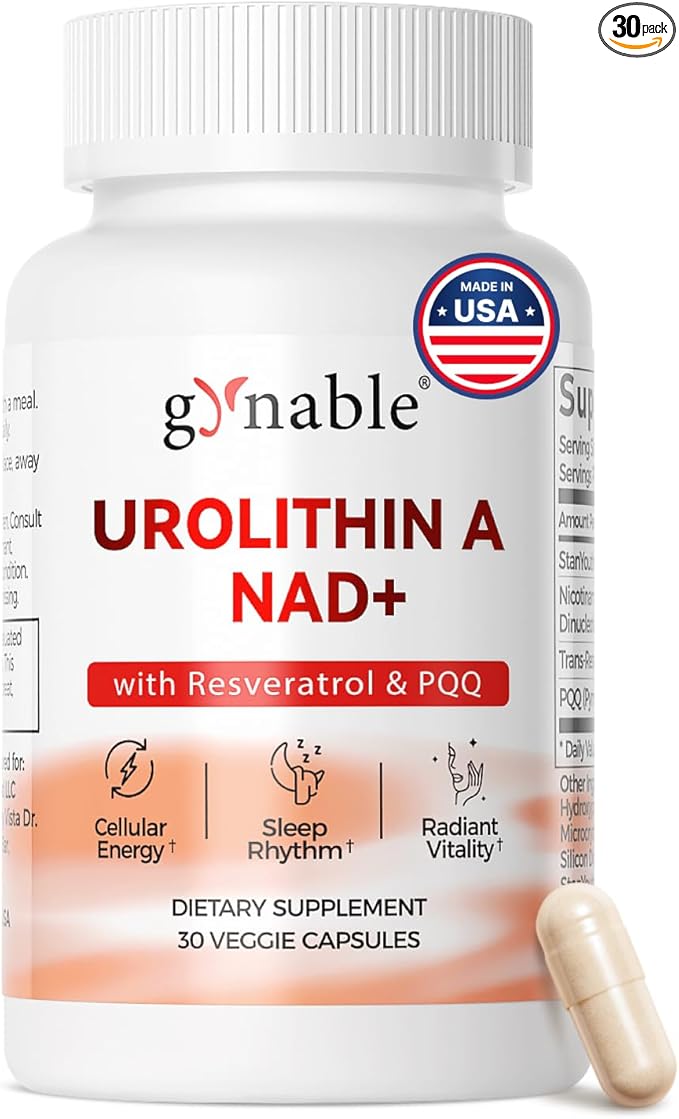 Gynable Urolithin A NAD+ Complex with Trans-Resveratrol & PQQ - Cellular Energy & Muscle Strength,Longevity Supplement for Sleep & Focus,Mitochondrial Health - NR NMN Alternative Made & Tested in USA