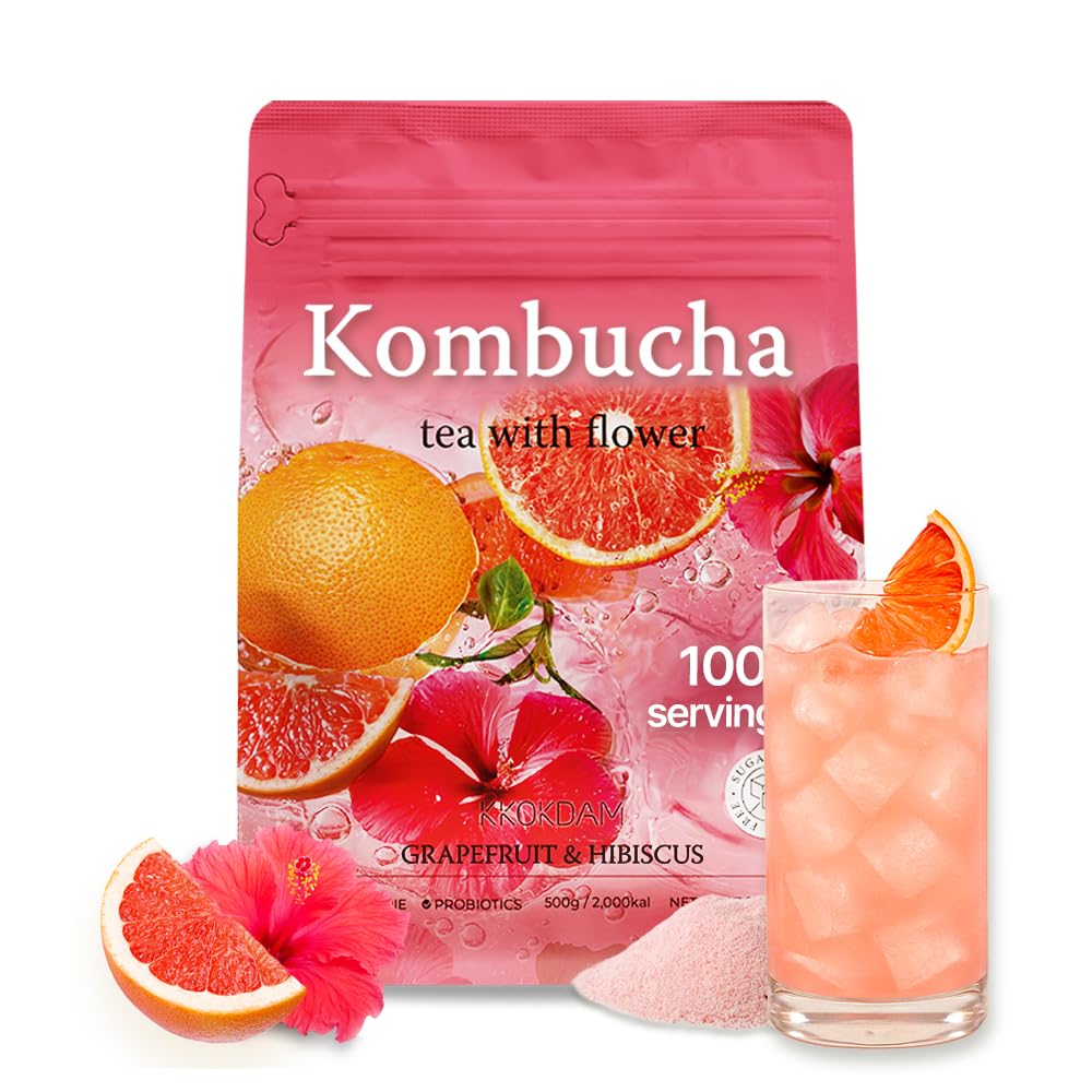 KKOKDAM Kombucha Tea - Grapefruit & Hibiscus Korean Tea - Kombucha Drinks Probiotic Support, Low Calorie, Sugar Free Kombucha Pack - 500g Bulk Pouch
