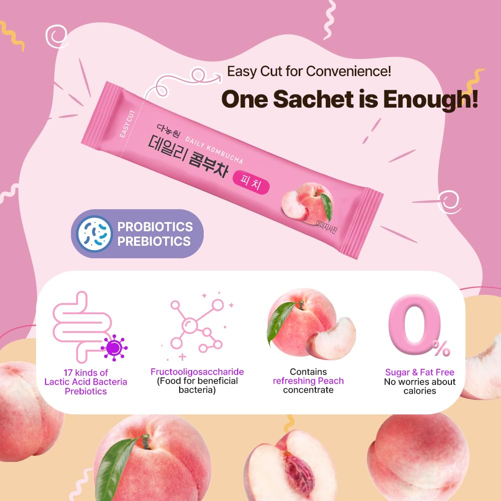 KAYFOOD-Kombucha-Peach-Garden-Daily Zero Sugar, Diet, Gut Healthy Sparkling Beverage, Fermented Korean Drinks for Iced, Hot, Workout Tea (10ST)