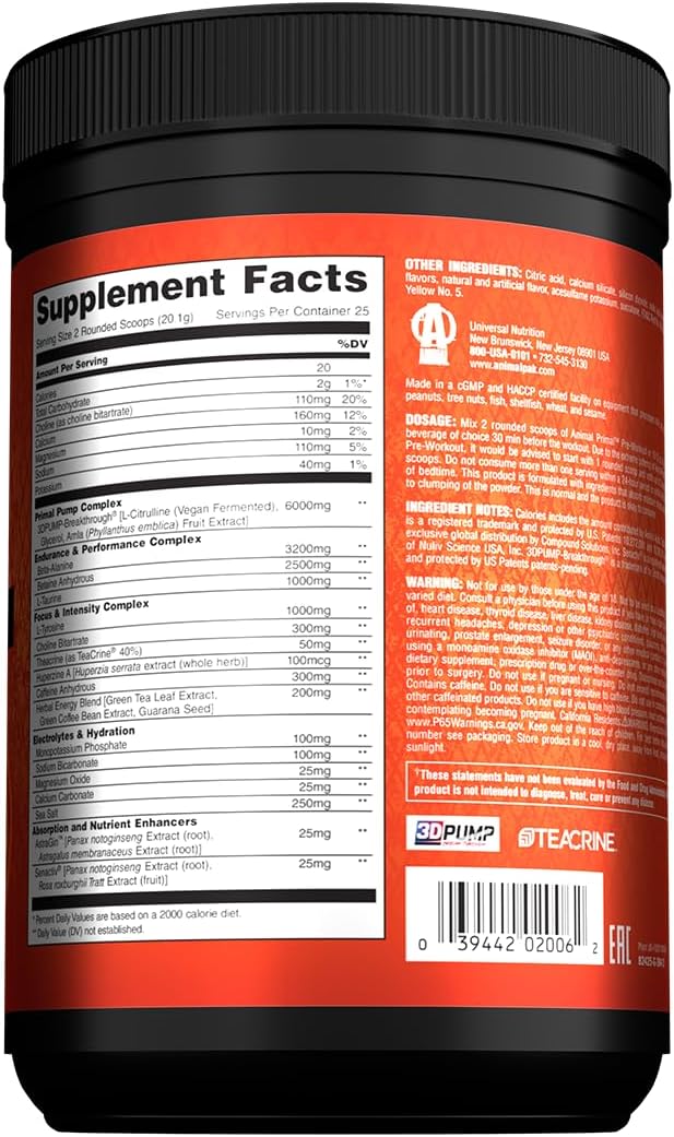 Animal Primal Muscle Hydration + Preworkout Powder – Contains Beta Alanine, 3DPump, Caffeine & Electrolytes – Improves Energy, Focus, Endurance & Absorption – New Blood Orange Flavor, 17.7 oz