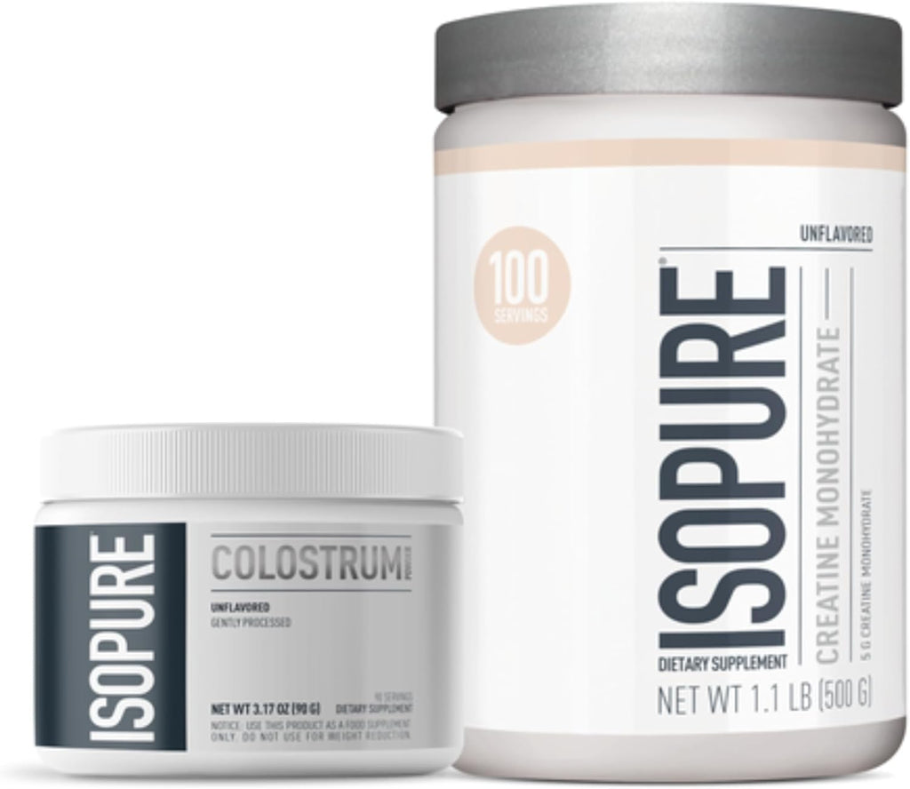 Bundle of Isopure Bovine Colostrum Supplement Powder, Gently Processed, 90 Servings + Isopure Unflavored Creatine Monohydrate Powder, 5g Creatine Monohydrate per Scoop, 100 Servings, 500g