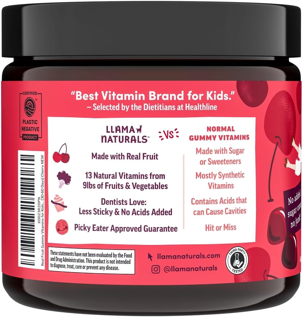 Llama Naturals Kids Multivitamin Gummies, Vegan, Organic with Vitamin D, C & K, Toddler Real Fruit Gummy Vitamins, Chewable Supplement, Whole Food Multivitamin, No Added Sugar Cane, Cherry, 2 Pk