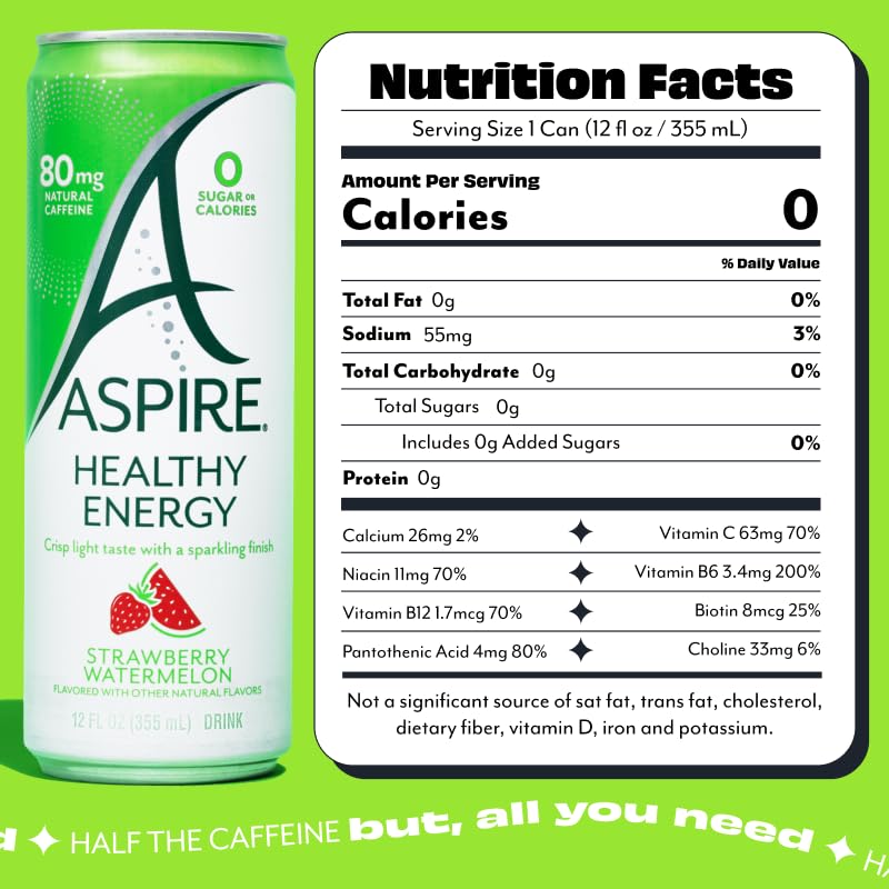 ASPIRE® Strawberry Watermelon, Healthy Energy Drink 80mg Natural Caffeine, Zero Sugar No Carbs Keto Friendly, 12 Pack Green Tea Sugar Free Drink Low Caffeine Zero Calorie