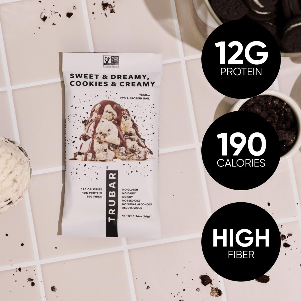 TRUBAR Vegan Protein Bar, Sweet & Dreamy Cookies and Creamy, Gluten Free, Plant Based Protein, Dairy Free, Non GMO, Soy Free, No Sugar Alcohols, 12G Protein, 12G Fiber, 23G Carb, On the Go Snack Bars, 12ct