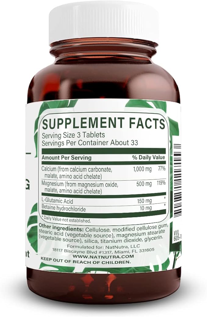 Natural Nutra Chelated Calcium Magnesium 1000/500 mg Supplements Plus Betaine HCL - Chelated Cal Mag Improves Bone Density, Supports Muscle, Teeth, Cardiovascular & Nerve Health, 100 Vegan Tablets
