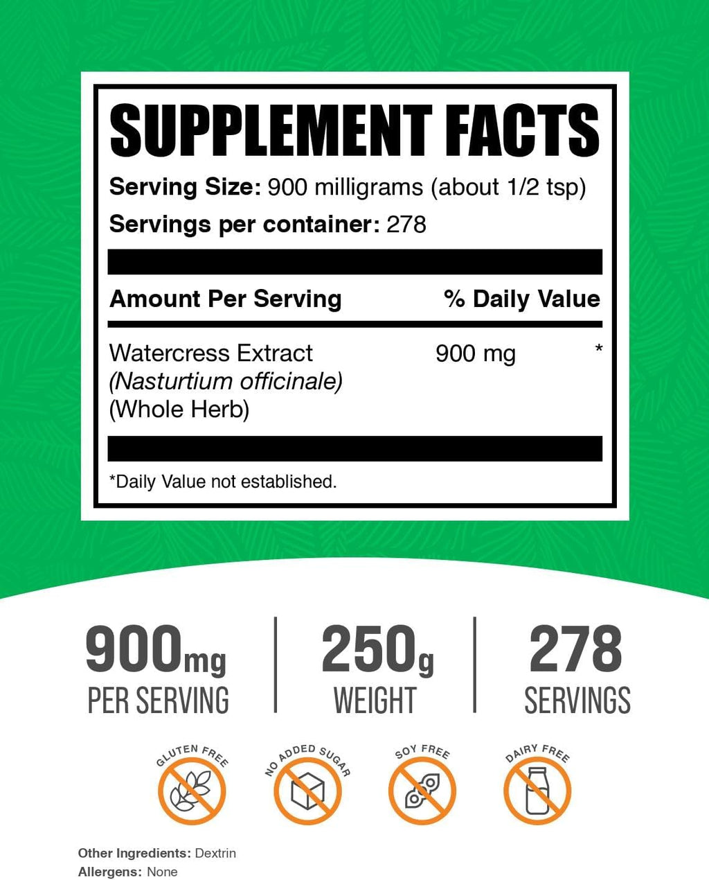 BulkSupplements.com Watercress Extract Powder - Nasturtium Officinale Extract, Watercress Powder - Gluten Free, 900mg per Serving, 100g (3.5 oz) (Pack of 1)