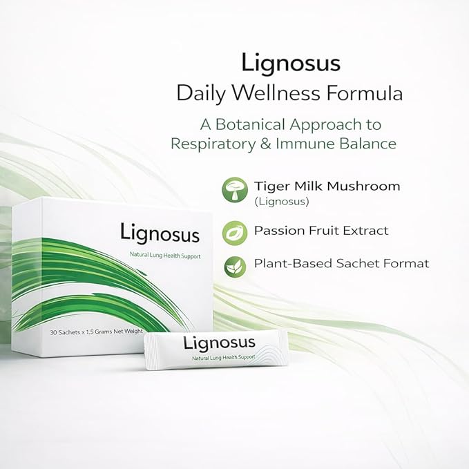 Lignosus Lung Support, Natural Respiratory Health Supplement with Organic Tiger Milk Mushroom, Passion Fruit Extract for Immune Support, Detox & Respiratory Support, Non-GMO, Vegan | 30 Sachets (1)