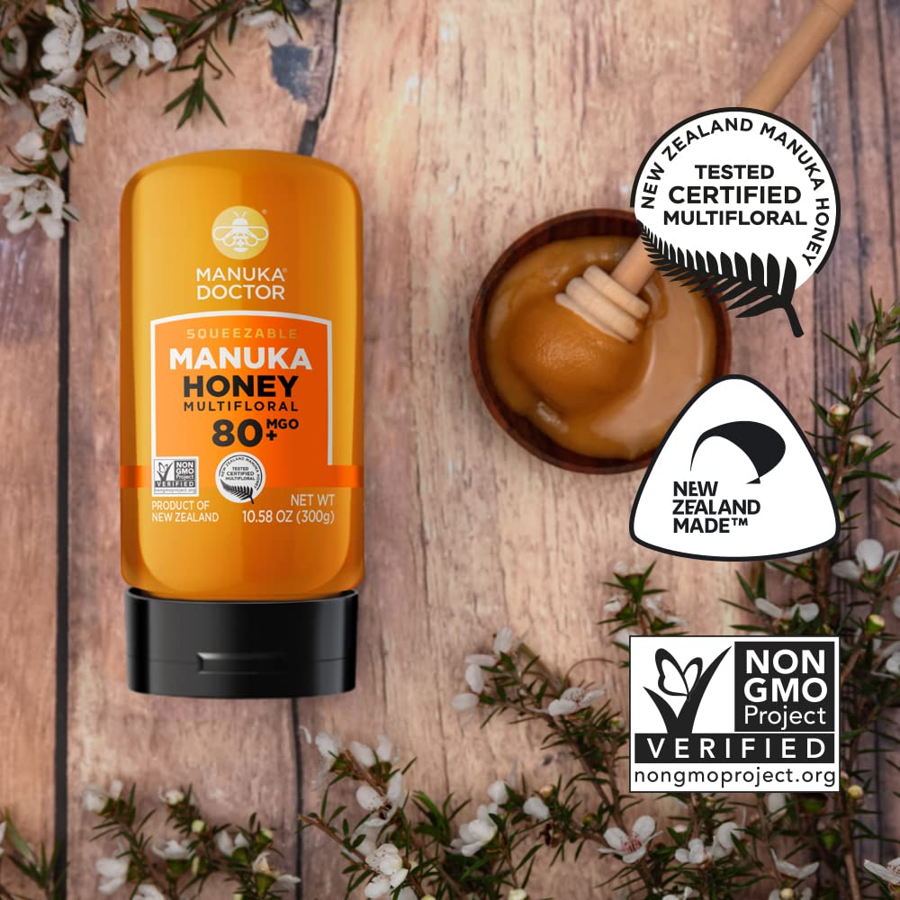 Manuka Doctor - MGO 80+ Squeezy Manuka Honey Multifloral, 100% Pure New Zealand Honey. Certified. Guaranteed. Raw. Non-GMO (10.58 oz)