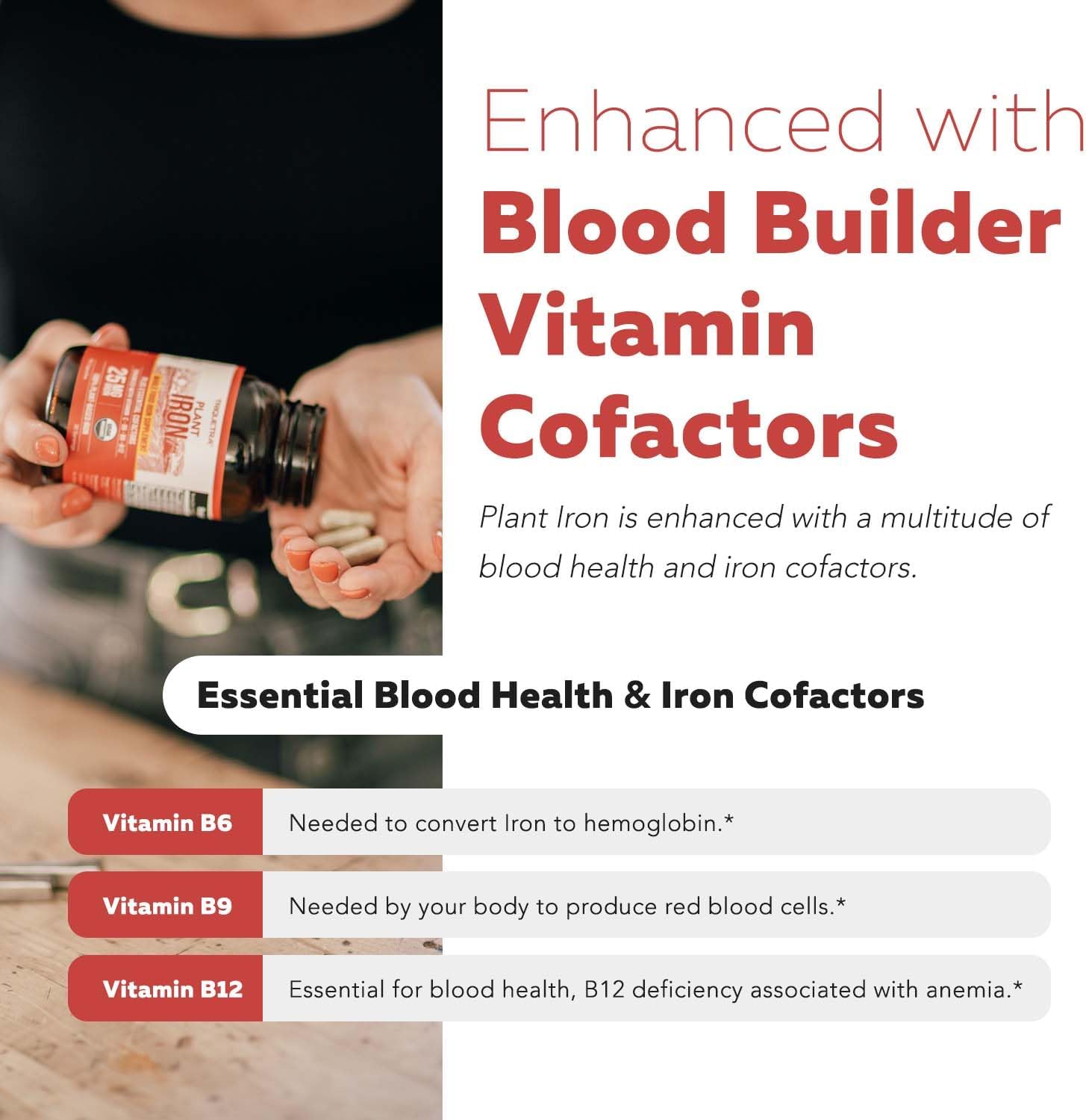 Organic Iron Supplement | Whole Food Iron & Cofactors, 25 mg Elemental Iron | Enhanced Absorption Plus Blood Builder Vitamins - Gentle Form - Support Healthy Iron Level & Blood Health - 90 Capsules