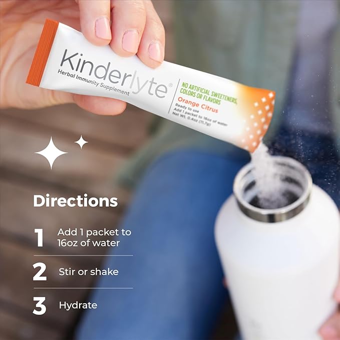 Kinderlyte Immunity Supplement for Kids and Adults, Electrolyte Powder Hydration Packets with Vitamin C, Zinc & Turmeric (Orange Citrus, 16 Count) No Artificial Sweeteners, No Synthetic Dyes