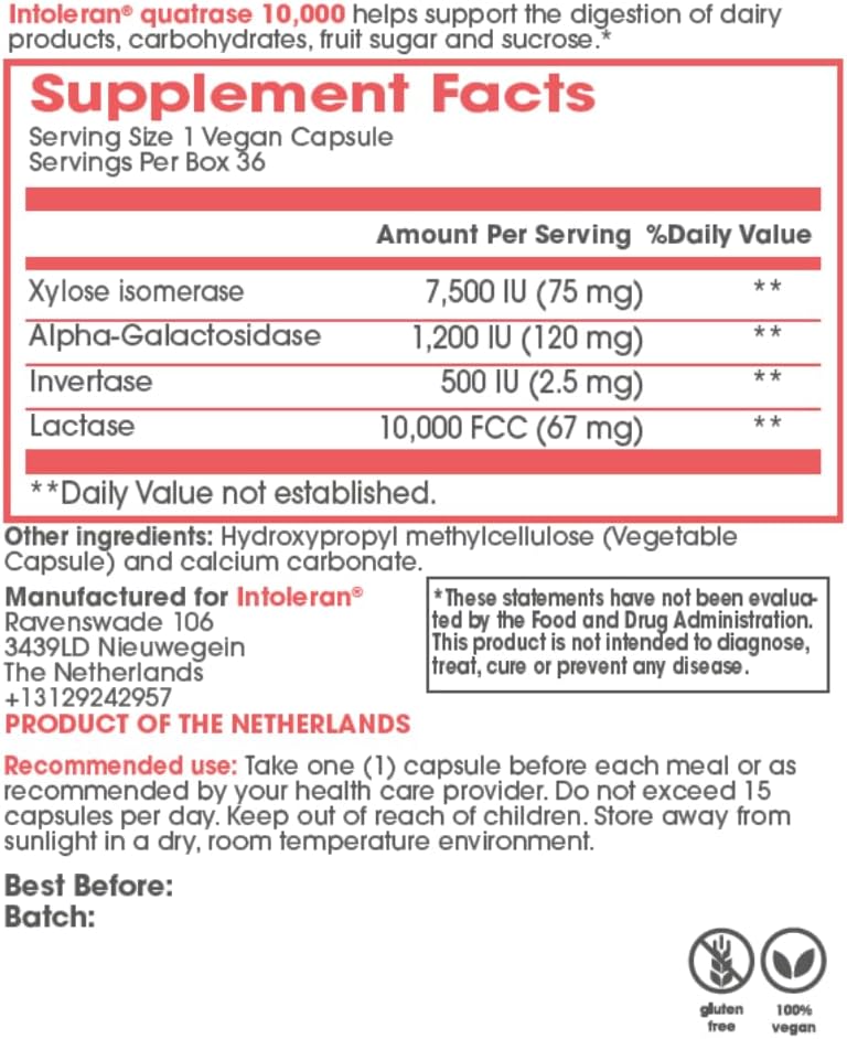 Intoleran Quatrase Forte Digestive Enzymes - 108 Capsules | Highly Dosed Supplement for FODMAP Intolerance | Helps Digest Lactose and Complex Carbohydrates* | Pure & Vegan | Low FODMAP