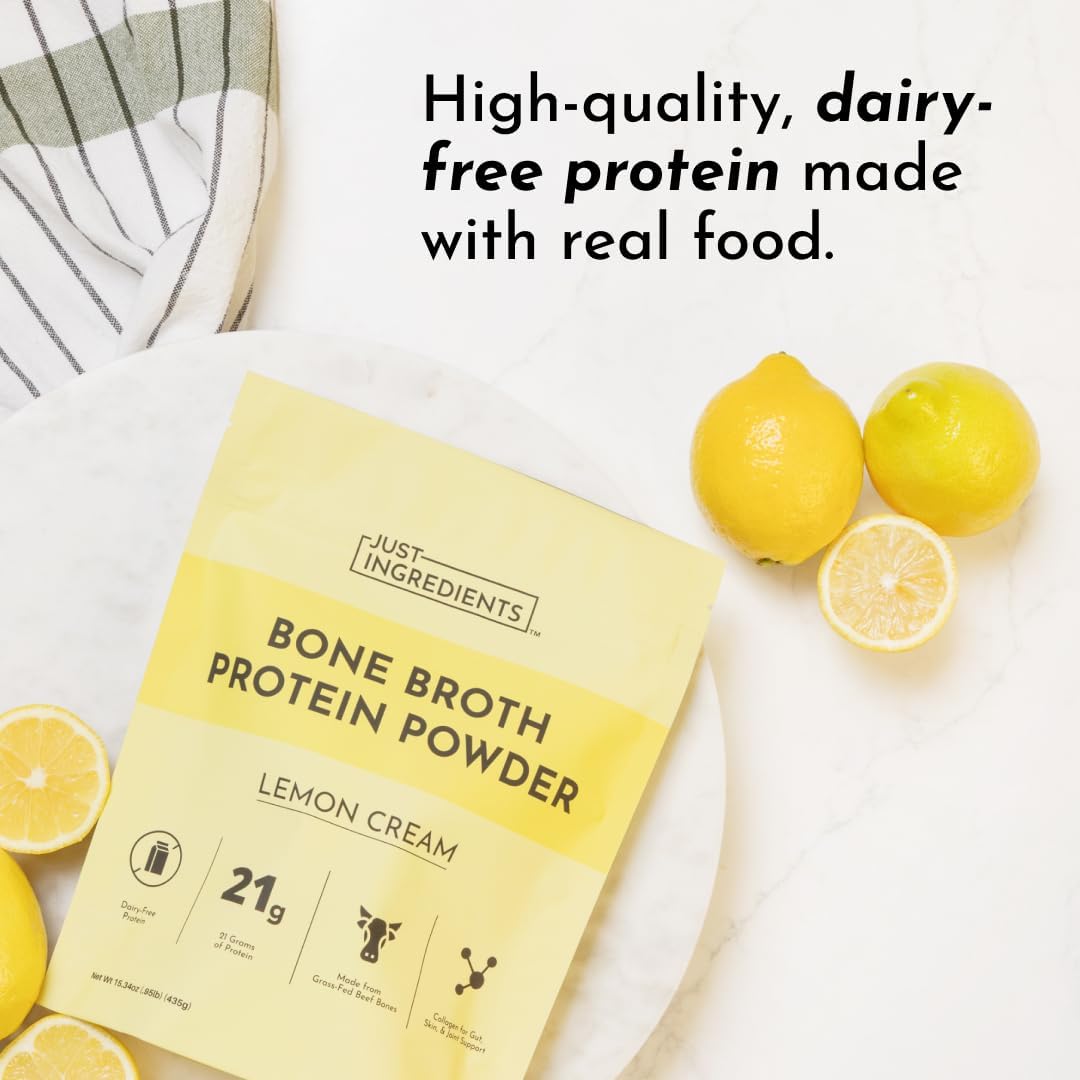 Bone Broth Protein Powder – Lemon Cream | 15 Servings | 21g Grass-Fed Protein per Serving | Dairy-Free | Collagen for Gut, Skin & Joint Support | Made with Real Food Ingredients