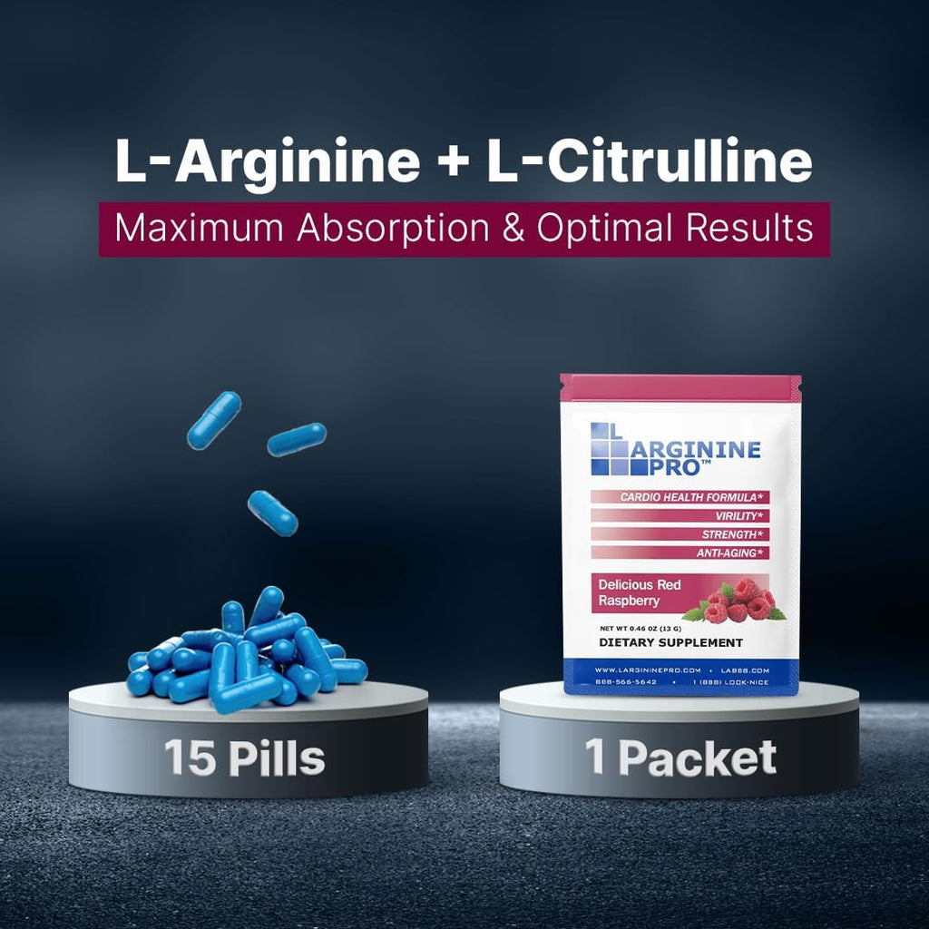 L-ARGININE PRO Supplement Powder | 60 Packets Single Serve Travel Size | 5,500mg of L-arginine Plus 1,100mg L-Citrulline, Raspberry & Orange