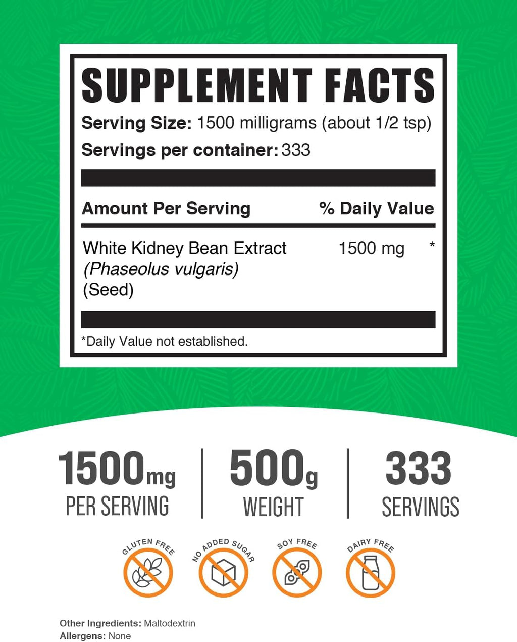 BulkSupplements.com White Kidney Bean Extract Powder - White Kidney Bean Powder - Herbal Supplement - Gluten Free, 1.5g per Serving, 500g (1.1 lbs) (Pack of 1)