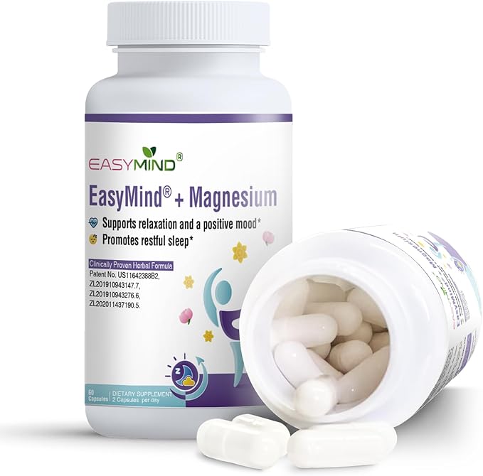 Magnesium Oxide and Glycinate Extra Strength, Natural Sleep Aid Supplement EasyMind, High Absorption, Restful Sleep & Relaxation, Cortisol Lower, Natural-Gentle, Melatonin Free, 60 Capsules