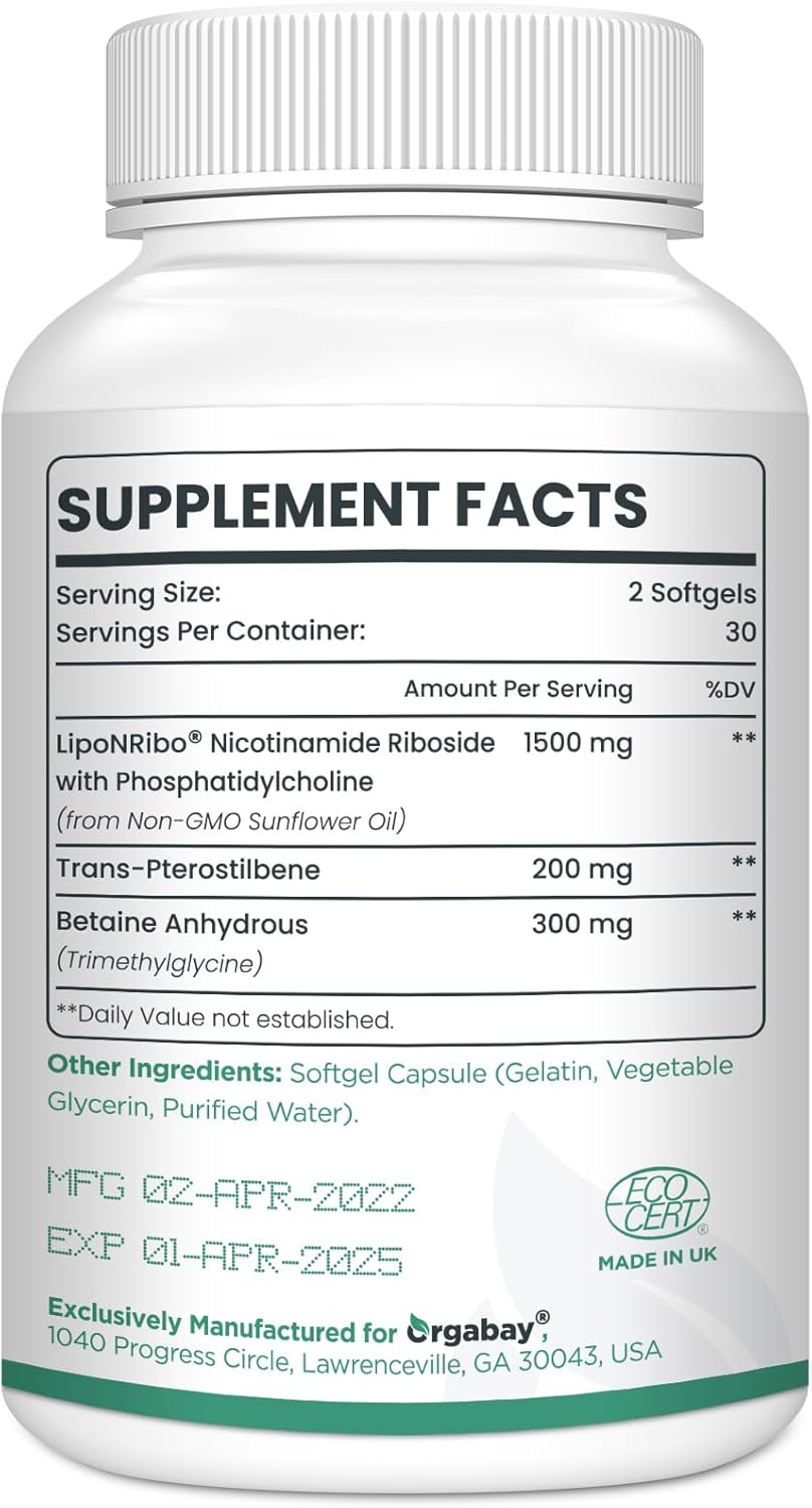 Orgabay Liposomal Nicotinamide Riboside 2000 MG with TMG and Pterostilbene, Boosting NAD+, Support Healthy Aging, 60 Count