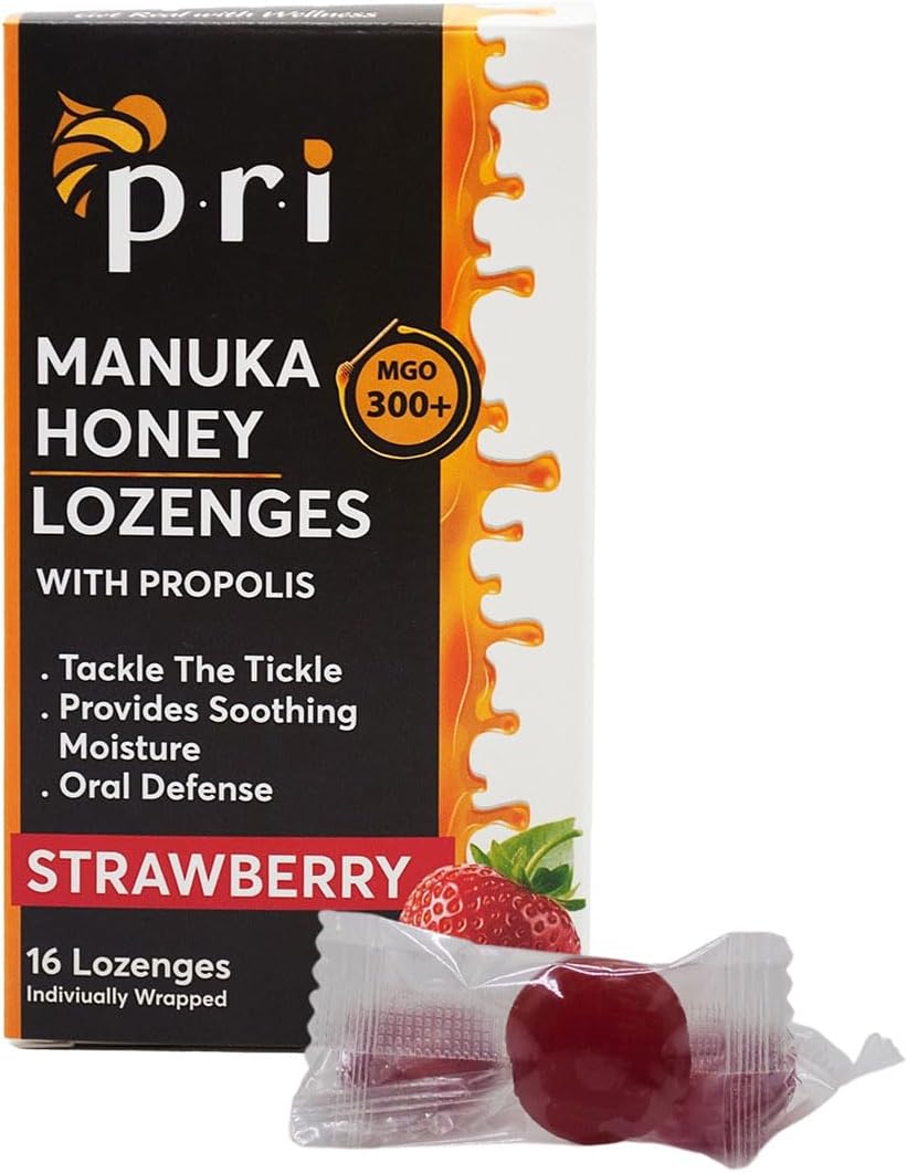 P.R.I Manuka Honey Lozenges with Propolis, Soothing Cough and Throat Drops, MGO 300+ Certified (Strawberry, 16 Count)