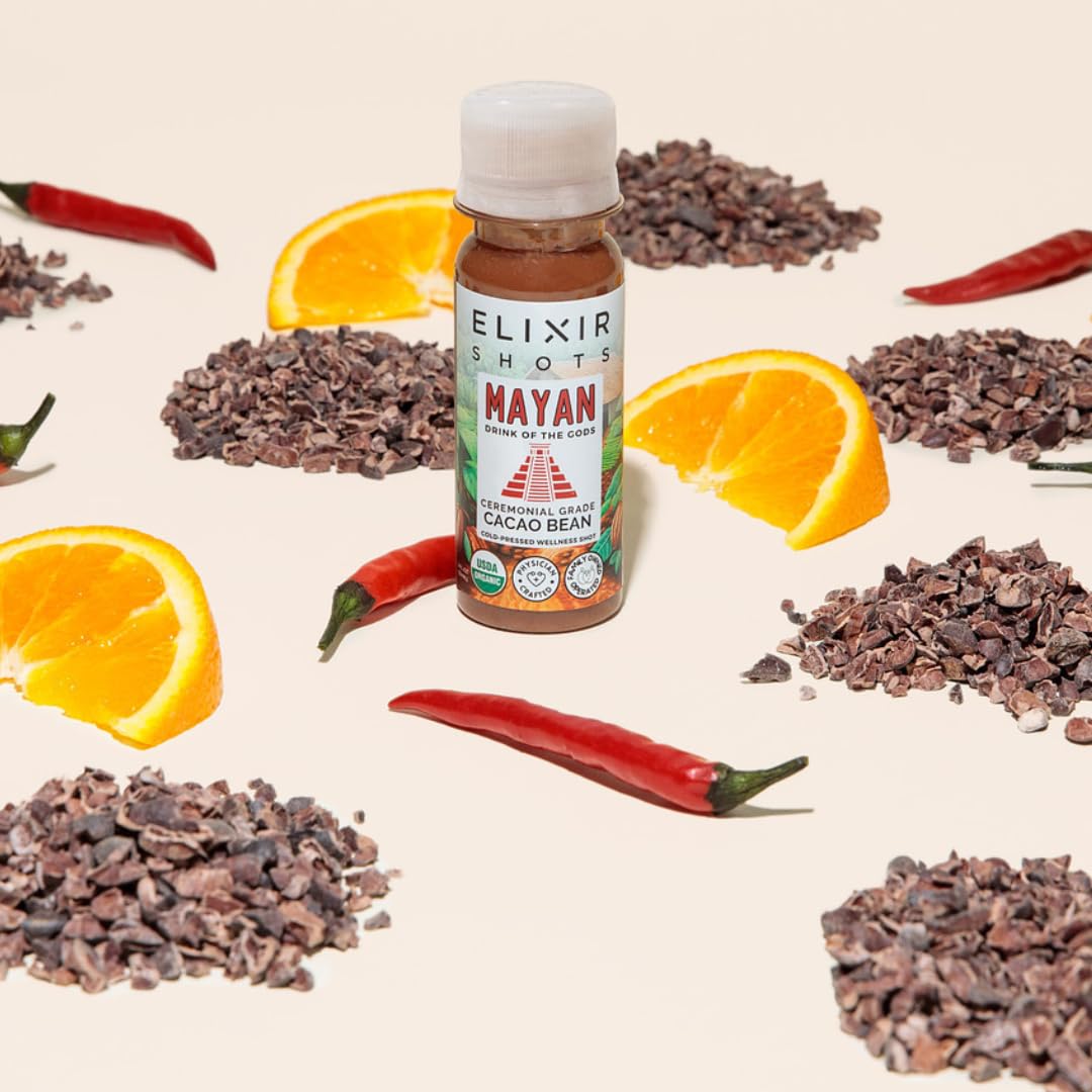 Elixir Shots Mayan (12 Pack) Cacao Wellness Shot with 100% Organic Ingredients Cacao, Orange, Cayenne - No Added Sugars or Artificial Ingredients