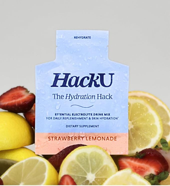HackU The Hydration Hack, Strawberry Lemonade, Sugar-Free, Electrolyte Drink Mix with Sea Salt, Magnesium, Potassium, Hyaluronic Acid, Vitamin-C, 10pk/25pk