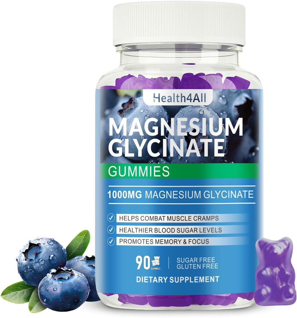 Magnesium Glycinate Gummies 1000mg, High Absorption Sugar Free Magnesium Potassium Supplement for Relaxation, Stress Relief, and Sleep Support for Adults & Kids (Blueberry)