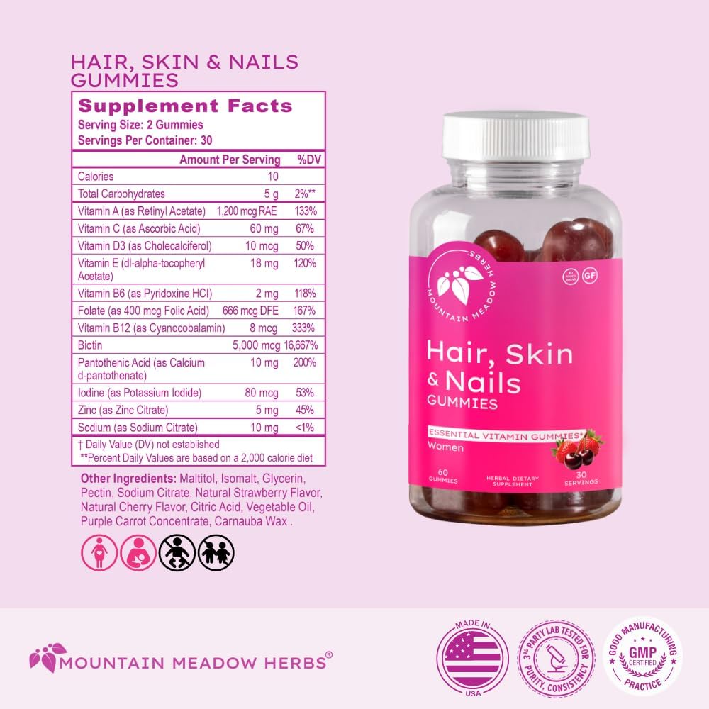 Mountain Meadow Herbs Hair, Skin and Nails Gummies - Essential Daily Support for Lush Hair, Strong Nails, and Radiant Skin with Biotin-Infused Gummies (60 ct)