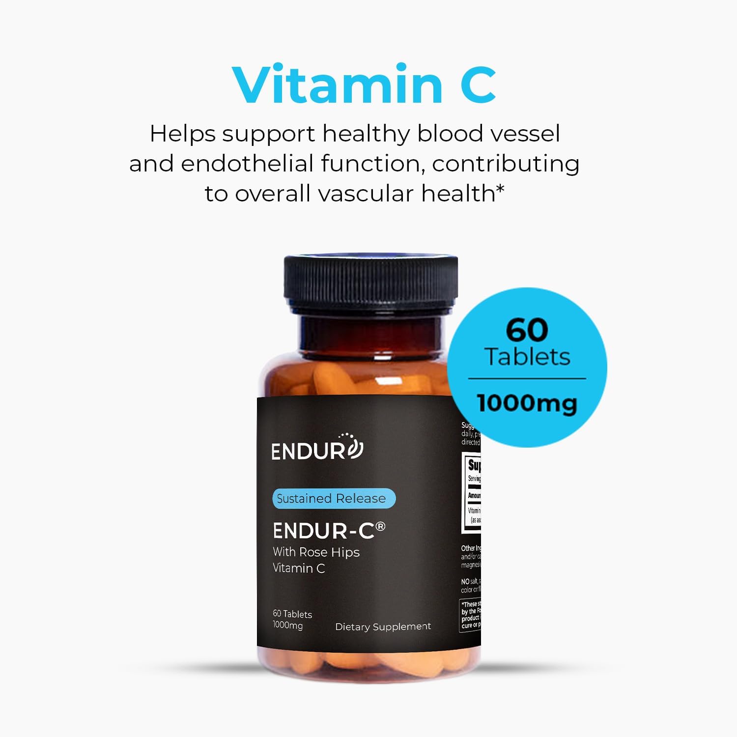 Endur ENDUR-C Vitamin C with Rose HIPS, Supports Collagen Production, Antioxidant Protection & Gentle Digestion, Gluten Free, 1000mg (60 Tablets)
