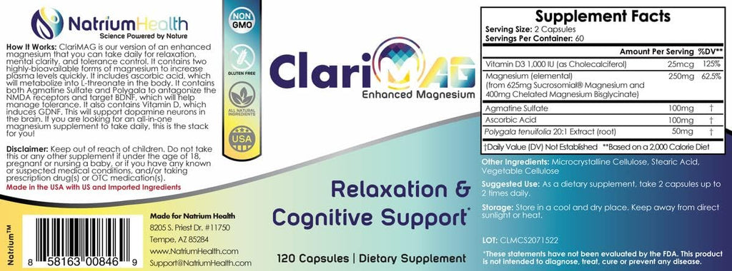 ClariMAG Capsules | Enhanced Magnesium | 120 Count | Relaxation & Cognitive Support | Nootropic Stack