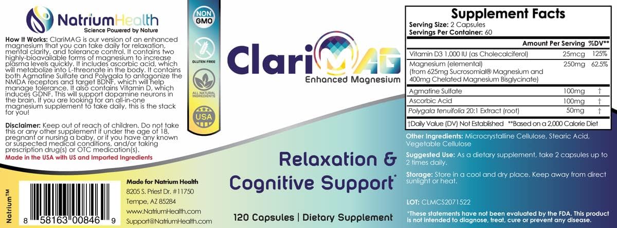 ClariMAG Capsules | Enhanced Magnesium | 120 Count | Relaxation & Cognitive Support | Nootropic Stack