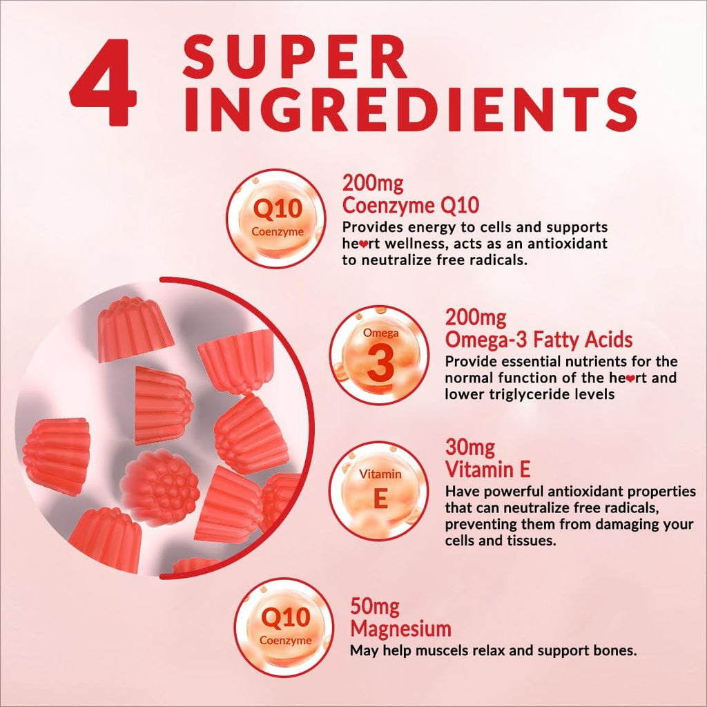 Sugar Free CoQ10 Gummies 200 MG, Coenzyme Q10 (Ubiquinone) Gummies for Adults, Co Q10 Supplement with Omega-3, Magnesium, Energy, Brain Support