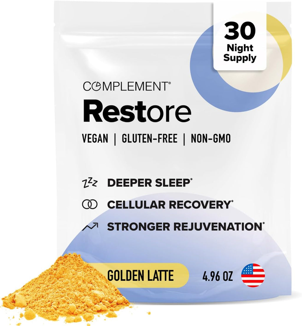 Complement Restore Golden Latte - Calm Magnesium Powder, Deep Sleep Aid Drink - Reishi, Ashwagandha, Valerian & L-Theanine - Nighttime Recovery, Relaxation Adaptogens Mix - No Melatonin (30 Servings)