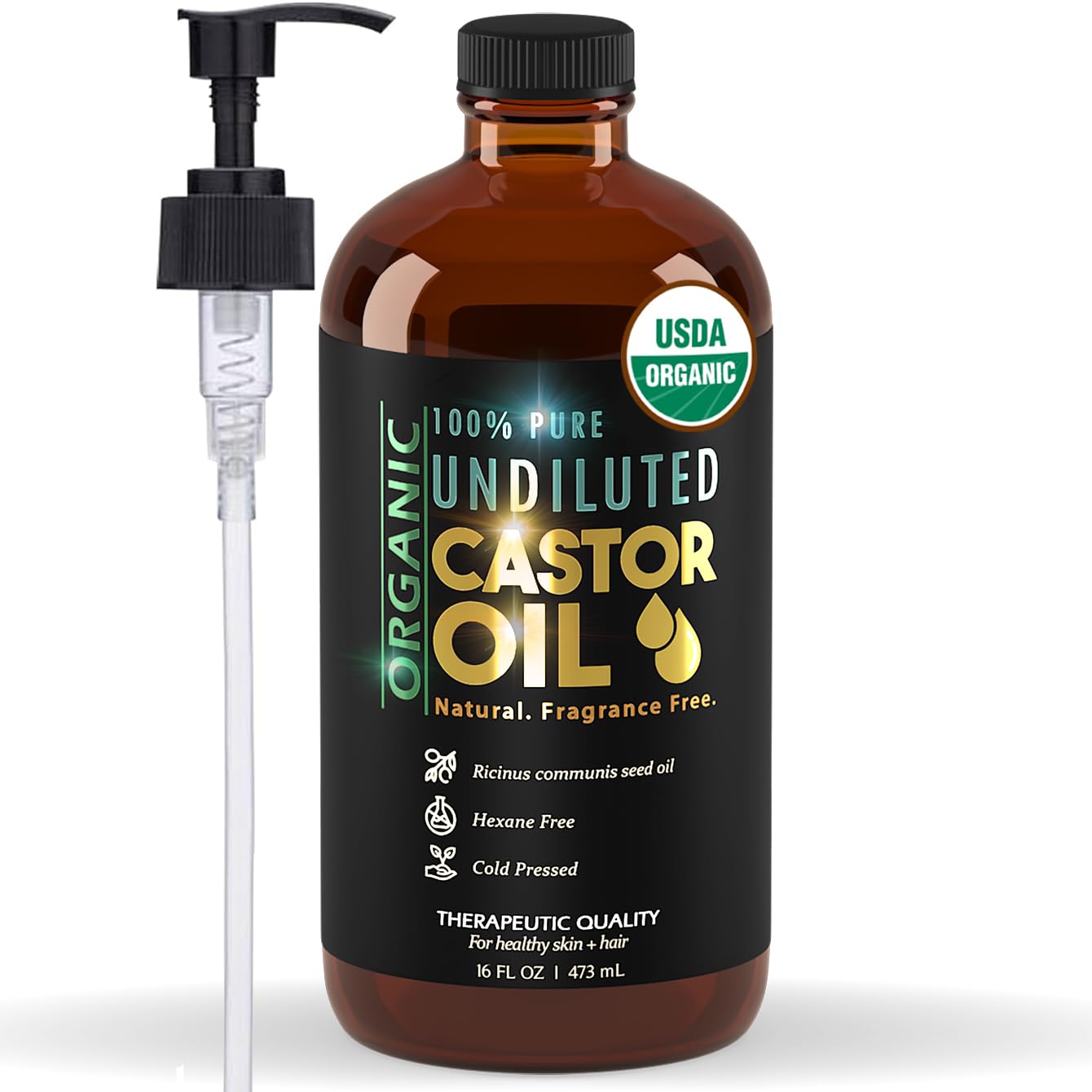 BALM OF GILEAD Organic Castor Oil for Skin Hydration - Therapeutic Cold Pressed, USDA Certified 100% Pure, Glass Bottle - 16 oz Unrefined, Hexane Free, Castor Oil for Hair & Eyelashes Growth