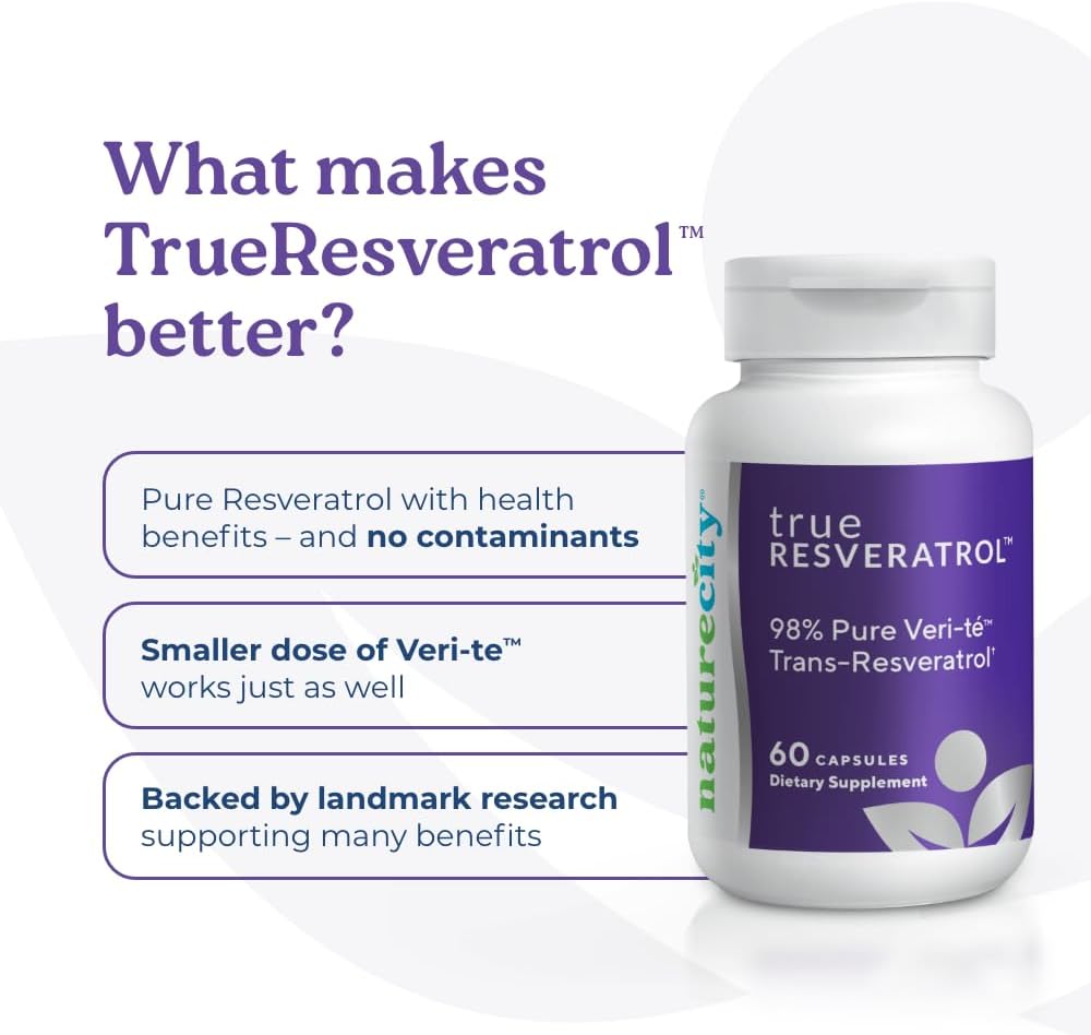 NatureCity TrueResveratrol – Resveratrol Supplement & Anti-Aging Support with 75mg Trans-Resveratrol (98% Pure Veri-te) for Heart, Immune, Bone & Cognitive Health | 60 Veggie Capsules