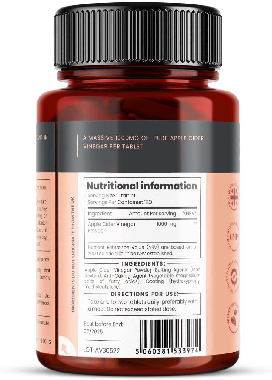 Double Strength Apple Cider Vinegar 1000mg x 180 Tablets (6 Months Supply)